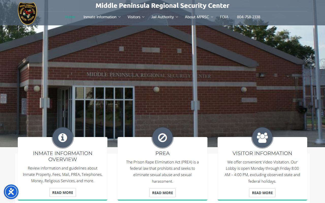 Middle Peninsula Regional Security Center homepage for King and Queen County inmate population