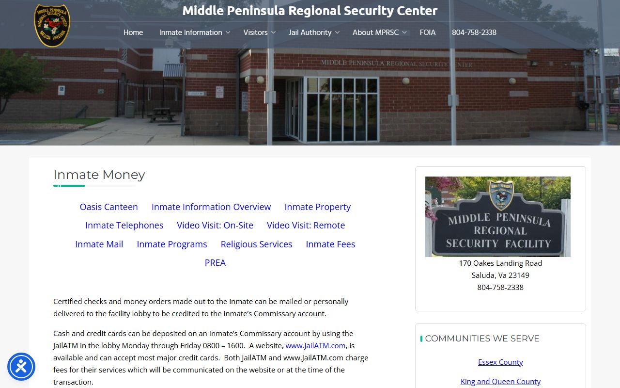 Middle Peninsula Regional Security Center inmate money options for King and Queen County inmates