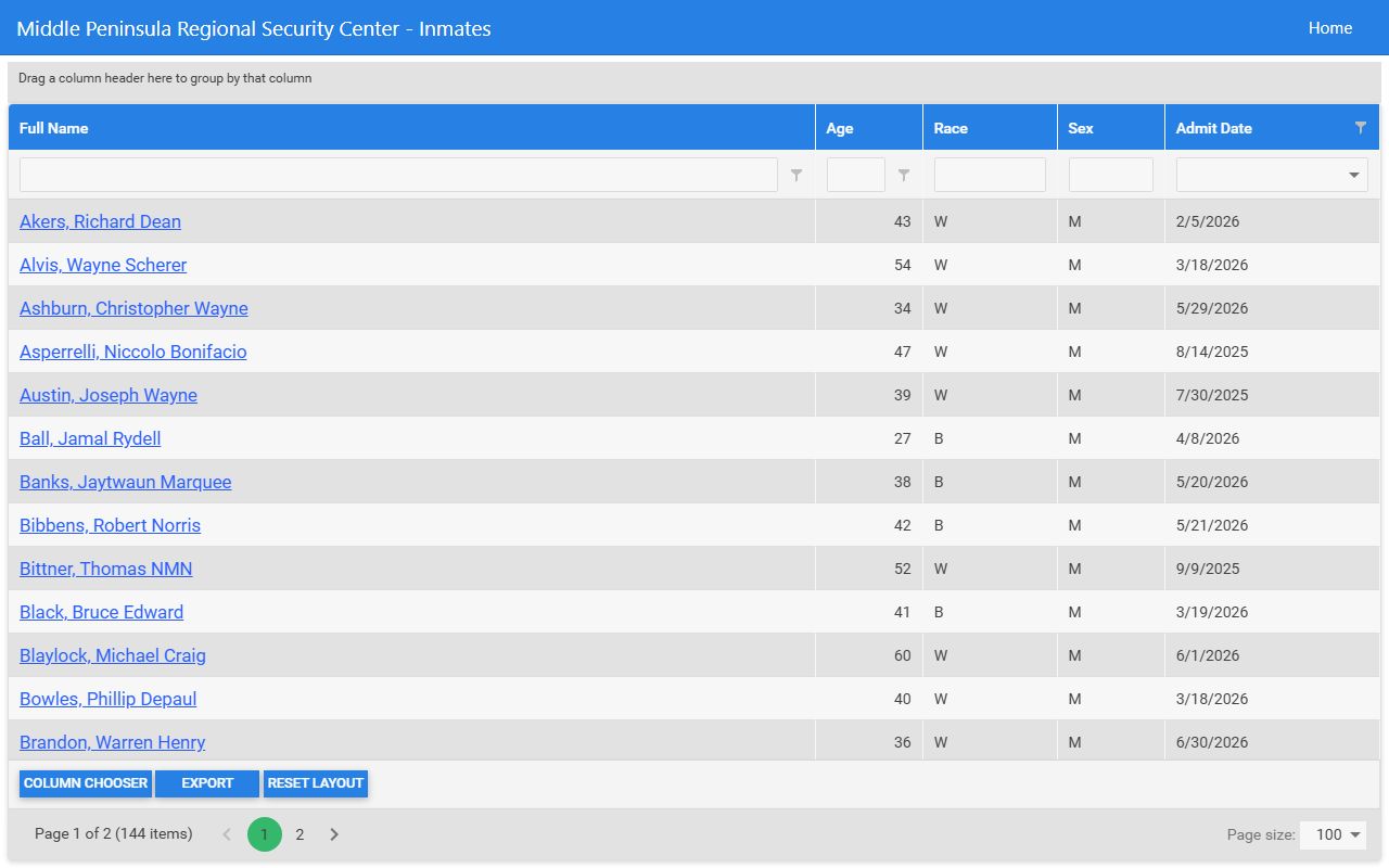 MPRSC roster grid for King and Queen County inmate lookup fields